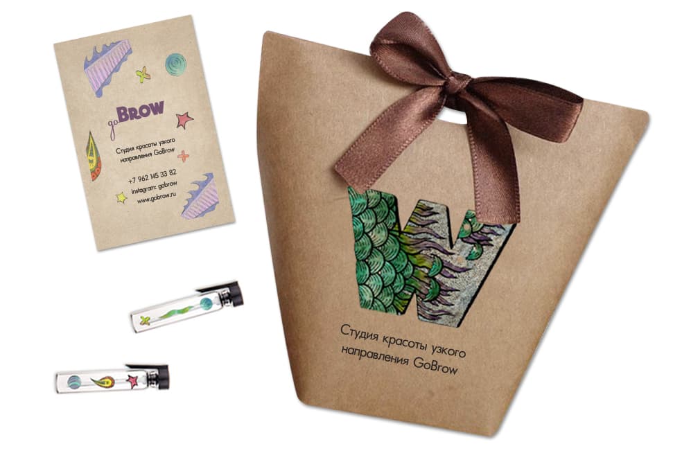 Logo, corporate identity and promotional materials of the Go Brow salon, Russia